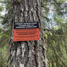 Sign mounted to a tree reading that access is closed December to October